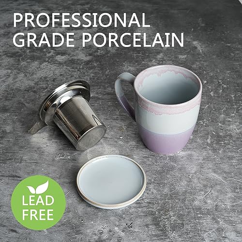 Bosmarlin Ceramic Tea Cup with Infuser and Lid, 16 Oz, 4 Colors to Choose, Dishwasher and Microwave Safe, Steeping Tea Mug with Strainer, Reactive Glaze, (Purple)