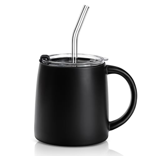 LINVIA Classic Mug, 16oz Large Coffee Mug with Handle, Ceramic Porcelain Tea Cup, Smooth Matte (Straw Flip Lid, Black)