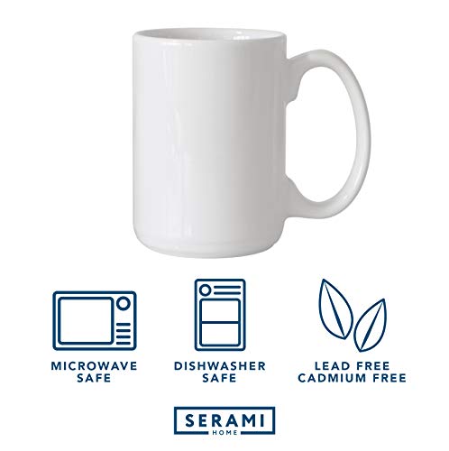 Serami White Ceramic Classic Coffee Mugs Large Handles with 15oz Capacity, Set of 4