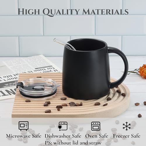 LINVIA Classic Mug, 16oz Large Coffee Mug with Handle, Ceramic Porcelain Tea Cup, Smooth Matte (Straw Flip Lid, Black)