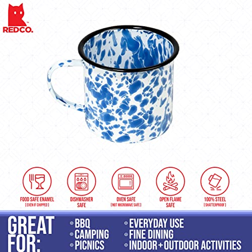 Red Co. Set of 6 Enamelware Metal Medium Classic 12 Oz Round Coffee and Tea Mug with Handle, Navy Blue Marble/Black Rim – Splatter Design