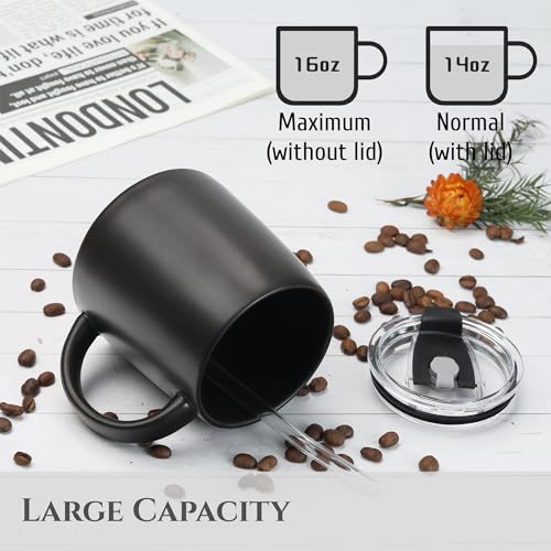 LINVIA Classic Mug, 16oz Large Coffee Mug with Handle, Ceramic Porcelain Tea Cup, Smooth Matte (Straw Flip Lid, Black)