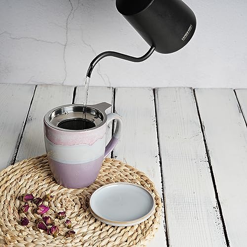 Bosmarlin Ceramic Tea Cup with Infuser and Lid, 16 Oz, 4 Colors to Choose, Dishwasher and Microwave Safe, Steeping Tea Mug with Strainer, Reactive Glaze, (Purple)