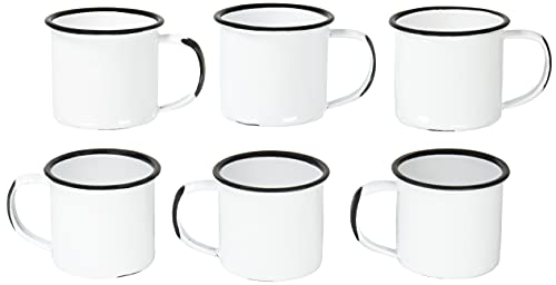 Red Co. Set of 6 Enamelware Metal Small Classic 5 Oz Round Coffee and Tea Mug with Handle, Distressed White/Black Rim