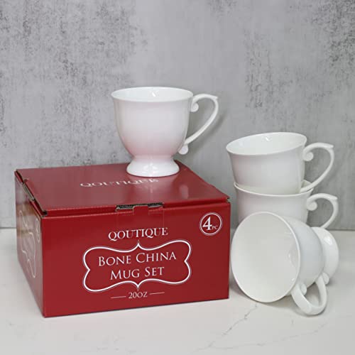 QOUTIQUE Bone China Coffee Mugs - 20 Ounce - Set of 4, Cups for Latte, Hot Tea, Cappuccino, Mocha, Cocoa, Mug Set, Large Coffee Mug, White