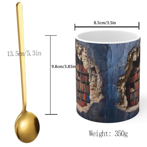 3D Bookshelf Coffee Mug with Golden Spoon