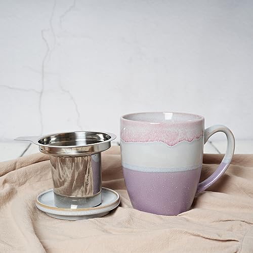 Bosmarlin Ceramic Tea Cup with Infuser and Lid, 16 Oz, 4 Colors to Choose, Dishwasher and Microwave Safe, Steeping Tea Mug with Strainer, Reactive Glaze, (Purple)