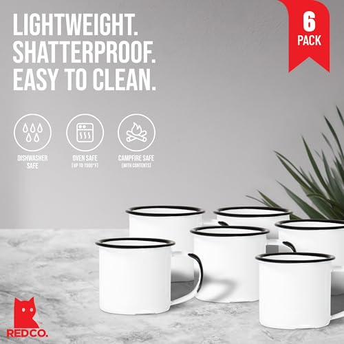 Red Co. Set of 6 Enamelware Metal Small Classic 5 Oz Round Coffee and Tea Mug with Handle, Distressed White/Black Rim