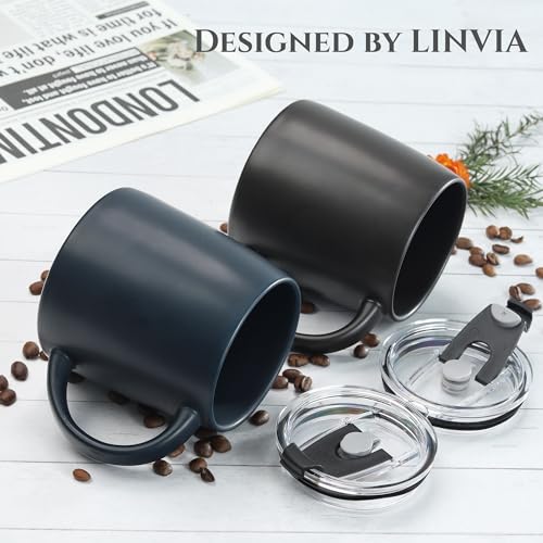 LINVIA Classic Mug, 16oz Large Coffee Mug with Handle, Ceramic Porcelain Tea Cup, Smooth Matte (Straw Flip Lid, Black)