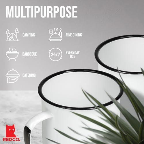 Red Co. Set of 6 Enamelware Metal Small Classic 5 Oz Round Coffee and Tea Mug with Handle, Distressed White/Black Rim