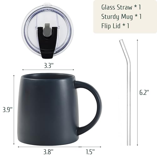 LINVIA Classic Mug, 16oz Large Coffee Mug with Handle, Ceramic Porcelain Tea Cup, Smooth Matte (Straw Flip Lid, Black)