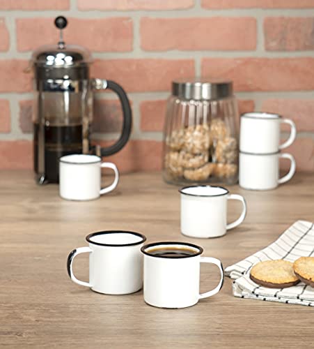 Red Co. Set of 6 Enamelware Metal Small Classic 5 Oz Round Coffee and Tea Mug with Handle, Distressed White/Black Rim
