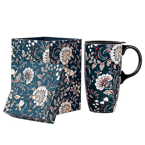 Blue Flower Porcelain Latte Mug with Lid 17oz