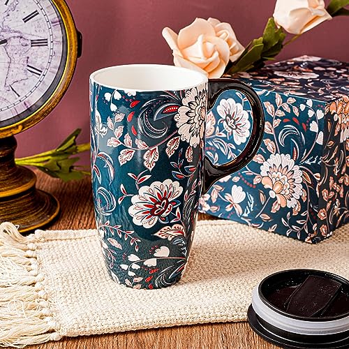 Blue Flower Porcelain Latte Mug with Lid 17oz
