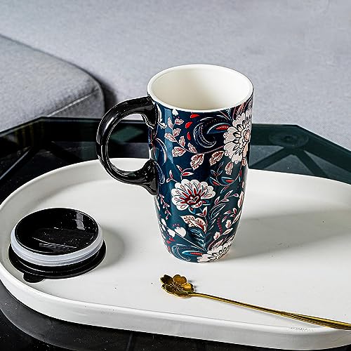 Blue Flower Porcelain Latte Mug with Lid 17oz
