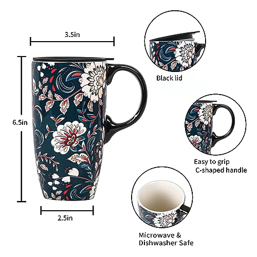 Blue Flower Porcelain Latte Mug with Lid 17oz