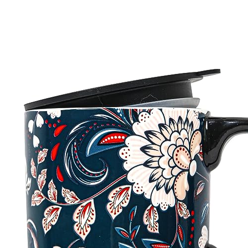 Blue Flower Porcelain Latte Mug with Lid 17oz