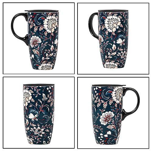 Blue Flower Porcelain Latte Mug with Lid 17oz