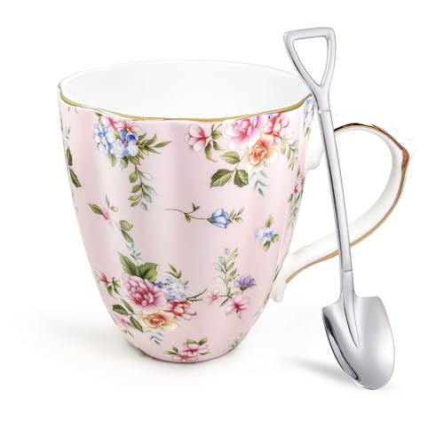 Pink Floral Bone China Mug Set with Spoon