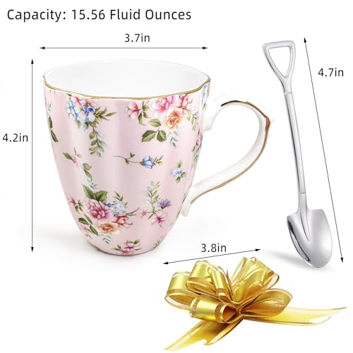 Pink Floral Bone China Mug Set with Spoon