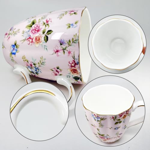 Pink Floral Bone China Mug Set with Spoon