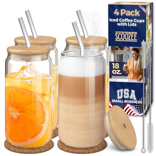 Sleek Glass Cups with Bamboo Lids and Straws