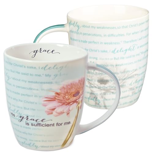 Christian Art Gifts Pink Chrysanthemum Floral Ceramic Coffee Mug – 12 oz. Lead and Cadmium-free Inspirational Scripture Coffee and Tea Mug for Women with Bible Verse: Sufficient Grace – 2 Cor. 12:9-10