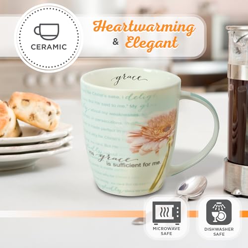 Christian Art Gifts Pink Chrysanthemum Floral Ceramic Coffee Mug – 12 oz. Lead and Cadmium-free Inspirational Scripture Coffee and Tea Mug for Women with Bible Verse: Sufficient Grace – 2 Cor. 12:9-10