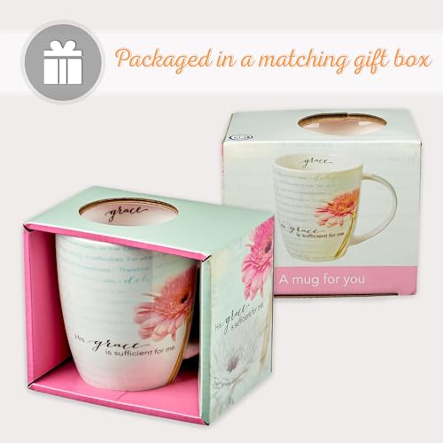 Christian Art Gifts Pink Chrysanthemum Floral Ceramic Coffee Mug – 12 oz. Lead and Cadmium-free Inspirational Scripture Coffee and Tea Mug for Women with Bible Verse: Sufficient Grace – 2 Cor. 12:9-10