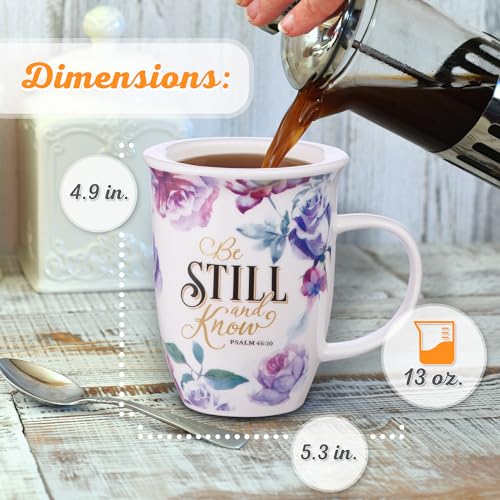 Christian Art Gifts Rose Floral Ceramic Coffee Mug with Purple Lid – 13 oz. Lead and Cadmium-free Inspirational Scripture Coffee and Tea Mug for Women with Bible Verse: Be Still and Know – Psalm 46:10