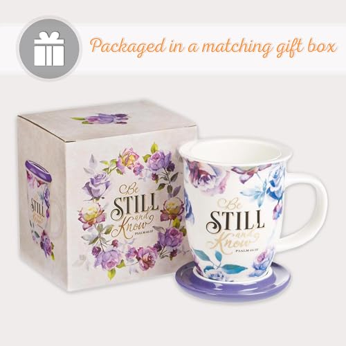 Christian Art Gifts Rose Floral Ceramic Coffee Mug with Purple Lid – 13 oz. Lead and Cadmium-free Inspirational Scripture Coffee and Tea Mug for Women with Bible Verse: Be Still and Know – Psalm 46:10