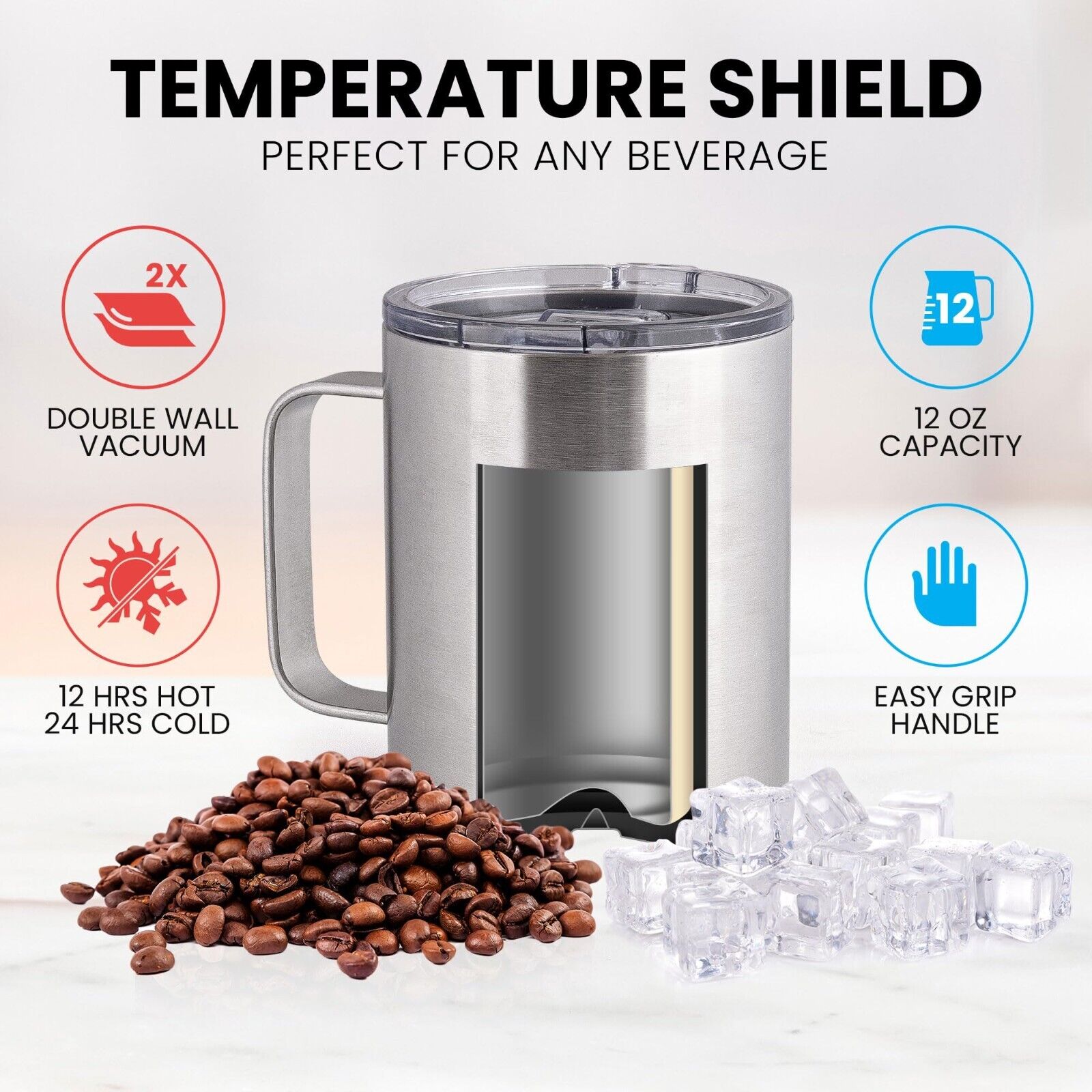 Stainless Steel Insulated Coffee Mug with Lid, 12oz