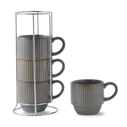 Stackable Porcelain Coffee Mugs with Steel Rack