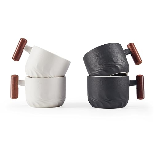 Ceramic Espresso Cups with Wooden Handle - Set of 4