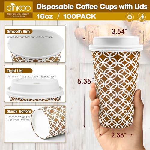 Ginkgo 16 oz Disposable Travel Coffee Cups, 100 Pack