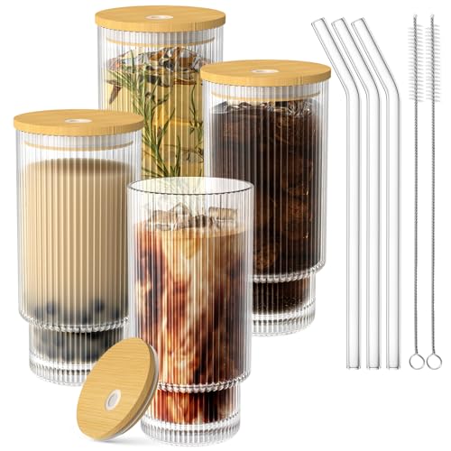 Ribbed Glass Cup Set with Lid and Straw