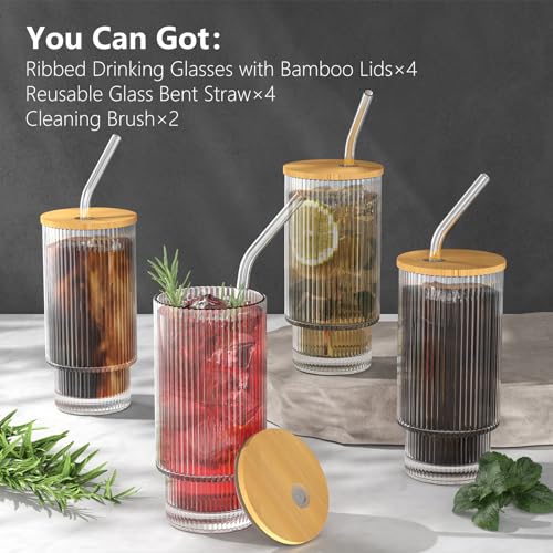 Ribbed Glass Cup Set with Lid and Straw