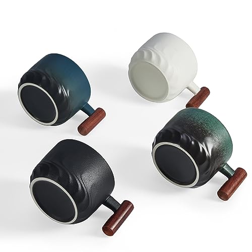 Ceramic Espresso Cups with Wooden Handle - Set of 4