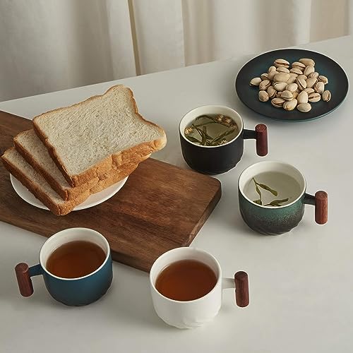 Ceramic Espresso Cups with Wooden Handle - Set of 4