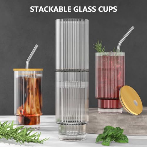 Ribbed Glass Cup Set with Lid and Straw