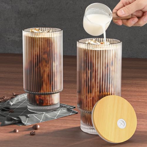 Ribbed Glass Cup Set with Lid and Straw