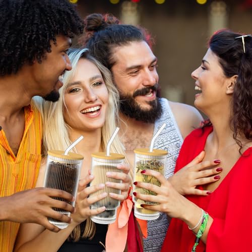 Ribbed Glass Cup Set with Lid and Straw