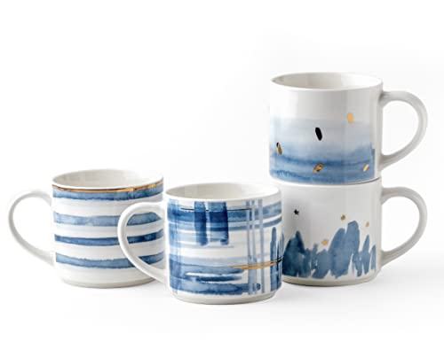 Divitis Home 18OZ stackable coffee mugs set of 4, new bone china coffee mugs, coffee cup sets of 4, coffee mugs set, coffee cup set, coffee cups, mugs, tea mugs, tea cups (Blue Vibes)