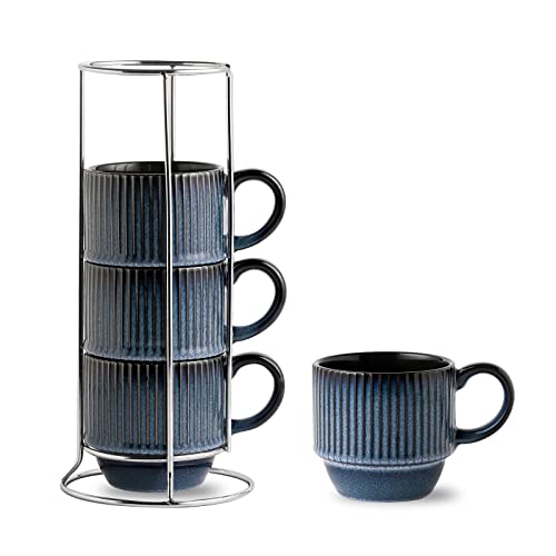 Hasense Navy Coffee Mugs Porcelain Set of 4 with Rack - 12 oz Stackable Coffee Cups Ceramic, Modern Ribbed Latte Cup Sets for Cappuccino, Tea, Espresso, Hot Cocoa, Drinks - Dishwasher & Microwave Safe