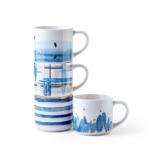 Divitis Home 18OZ stackable coffee mugs set of 4, new bone china coffee mugs, coffee cup sets of 4, coffee mugs set, coffee cup set, coffee cups, mugs, tea mugs, tea cups (Blue Vibes)