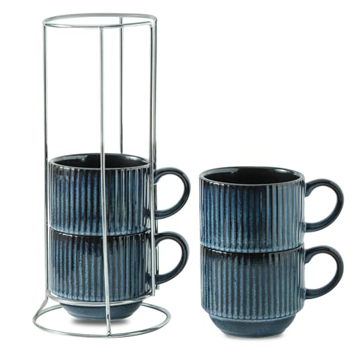 glowworm Coffee Mugs Set, Ceramic Coffee Cups Set of 4, 15 Oz Stackable Coffee Mugs with Rack, Mugs for Latte, Tea, Cappuccino, Microwave & Dishwasher Safe, Navy Blue