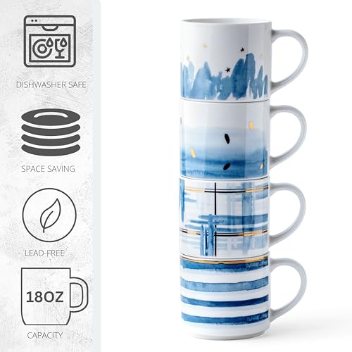 Divitis Home 18OZ stackable coffee mugs set of 4, new bone china coffee mugs, coffee cup sets of 4, coffee mugs set, coffee cup set, coffee cups, mugs, tea mugs, tea cups (Blue Vibes)