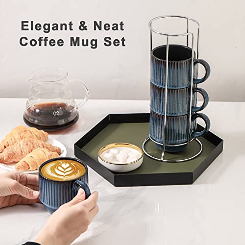 Hasense Navy Coffee Mugs Porcelain Set of 4 with Rack - 12 oz Stackable Coffee Cups Ceramic, Modern Ribbed Latte Cup Sets for Cappuccino, Tea, Espresso, Hot Cocoa, Drinks - Dishwasher & Microwave Safe