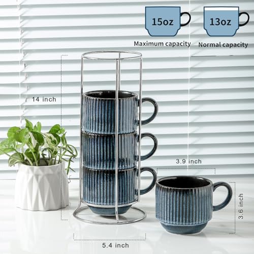 glowworm Coffee Mugs Set, Ceramic Coffee Cups Set of 4, 15 Oz Stackable Coffee Mugs with Rack, Mugs for Latte, Tea, Cappuccino, Microwave & Dishwasher Safe, Navy Blue