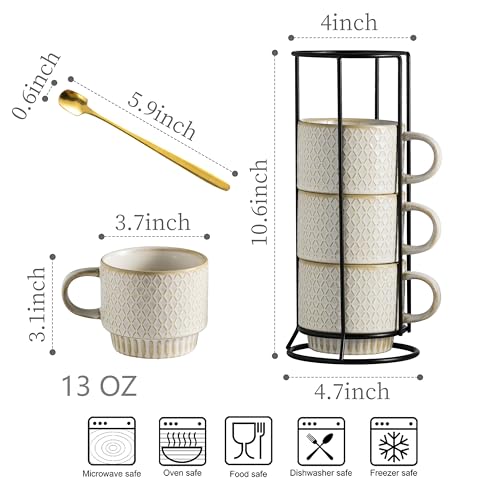 LYEOBOH Stackable Coffee Mugs, Coffee Cups, Mug Set of 4 with Spoons - 13 Oz Coffee Cup Set with Stand, Ceramic Coffee Mug - Farmhouse Kitchen, Beige